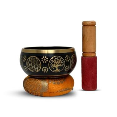 Imagem de Tigela tibetana Singing Bowl budista tibetano | 7 tigelas matel | Pacote com 1 tigela azul + 1 martelo + almofada redonda | Melhor para cura do som (10 cm, preta)