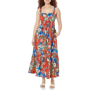 Imagem de London Times Vestido longo feminino de algodão franzido nas costas Babydoll em camadas, Laranja/azul/verde, 40