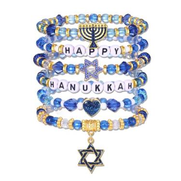 Imagem de NVENF Pulseiras de Hanukkah para mulheres, pulseira judaica, Stack Star of Davi, Menorah, Dreidel, pulseiras elásticas azuis com contas Heishi, roupa de Hanukkah, joias judaicas, presentes, Large,