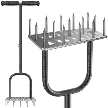 Imagem de Dolibest Espigão aerador de gramado, ferramenta manual de aerador de gramado com 15 pontas de aço inoxidável, aerador de ar de gramado com cabo antiderrapante, ferramenta aeradora de grama para soltar