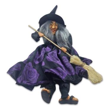 Imagem de Enfeite Bruxa com a Vassoura para Pendurar de Flor Roxa 38cm - Flash