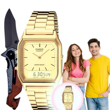Imagem de Relógio de Pulso Casio Masculino Feminino Quadrado Retro Vintage Analógico Digital Fashion Alarme Calendário Quartz Casual Dourado AQ-230GA-9DMQ + Can