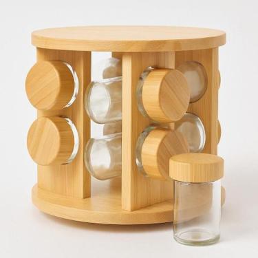 Imagem de Porta Temperos Giratório Bambu com 8 Potes de Vidro Herméticos Design 
