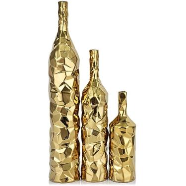 Imagem de Conjunto de 3 vasos dourados de 49,8 cm de altura - Vaso grande de cerâmica para sala de estar, decoração dourada e mesa de entrada, vaso moderno dourado alto fino para grama dos pampas boho flor