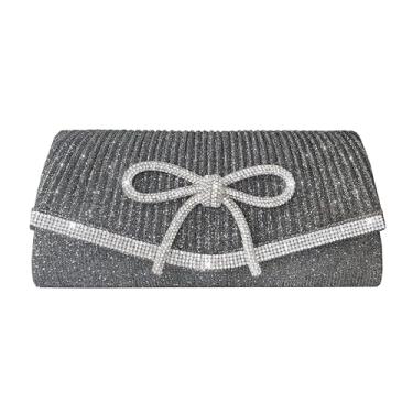 Imagem de Trisapu Bolsa de noite com laço brilhante para mulheres, casamento, glitter, strass, festa, formatura, bolsas de mão elegantes, Cinza, Small