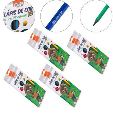 Imagem de Kit 4 Caixa Lápis De Cor 12 Cores Resina Reciclada Sextavado - Brw