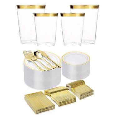 Imagem de Kit Copo Prato Talher Descartável Luxo 150 Convidados - Gold - Udlandi