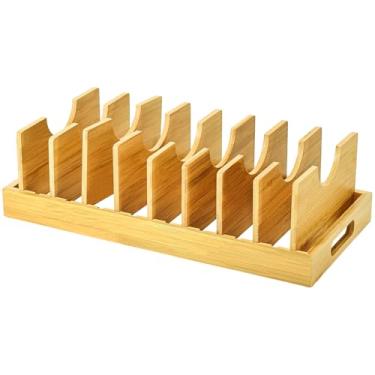 Imagem de Ganydet Organizador de panelas e frigideiras de bambu sob o armário, organizador expansível de tampa de panela e organizador de tábua de corte, organizador de panelas com 9 divisórias ajustáveis