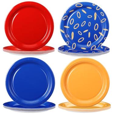 Imagem de Mimorou 48 peças, azul com anel de ouro, pratos de papel temáticos de desenho animado, videogame, artigos de mesa de festa de aniversário, azul, vermelho, amarelo, pratos de papel descartáveis para