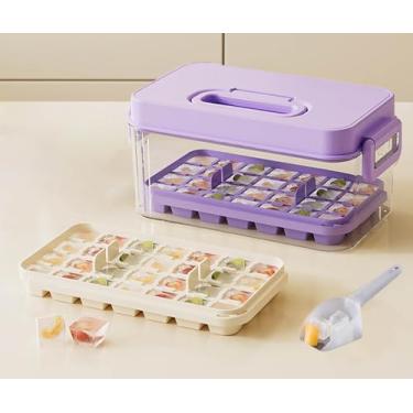 Imagem de Bandejas de gelo com tampas, concha e balde de gelo, 28/84 peças, molde portátil de silicone para cubos de gelo com caixa de gelo reutilizável para geladeira (roxo, 1 camada (28 peças))