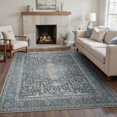 Imagem de GENIMO Tapete de área de 1,8 m x 2,8 m, tapetes grandes vintage com suporte antiderrapante, tapete ultrafino de fibra de tecido macio para sala de estar, quarto, sala de jantar, berçário, azul e preto