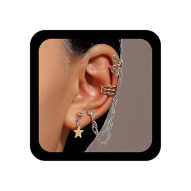Imagem de Xduargs Brincos de orelha de folha boho com pingente de estrela dourada vintage brincos de cartilagem brincos personalizados CZ crawler alpinista conjunto de joias para mulheres, Zinco, Sem pedra