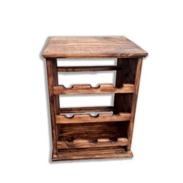 Imagem de Adega de Mesa - Madeira Maciça (Acabamento Envelhecido) - Decoração Rustica para Vinhos e Espumantes - Comporta 9 Garrafas