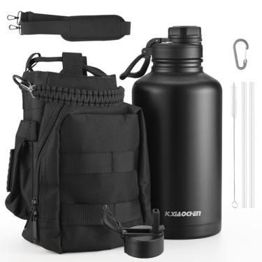Imagem de KXIAOCHEN Garrafa de água de 1,8 l com manga, garrafa de água de aço inoxidável com bolsa de transporte, 2 tampas (canudo e tampa), garrafas de água de metal de boca larga mantêm quentes e frias