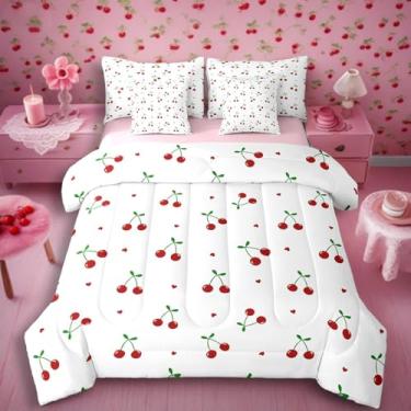 Imagem de Erosebridal Jogo de cama King com estampa kawaii de cereja vermelha e frutas de verão com 7 peças, decoração de quarto de crianças, meninos, meninas, cerejas e edredom