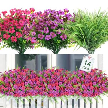 Imagem de MEIVINES 14 pacotes de flores artificiais de plantas para uso ao ar livre de seda falsa colorida mistura de samambaias margaridas resistentes a UV primavera verão decoração para jardim porta da frente