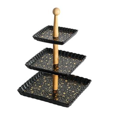 Imagem de Alça de madeira ondulada de cerâmica Xingyue fruteira criativa nórdica - preto três camadas