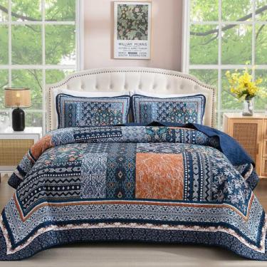 Imagem de Conjunto de edredões WONGS BEDDING azul marinho Queen Size Patchwork