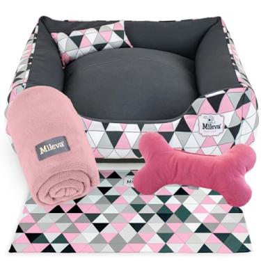 Imagem de Cama Pet Oxford + manta + Brinquedo Ossinho + Tapetinho Estampado 05 Peças - Geometric - Premium 1 (60x60 cm, Geometric Chiclete)