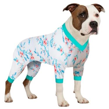 Imagem de LovinPet Body grande para cães – Pijama de cachorro de proteção pós-cirurgia, macacão para cães com cobertura de 4 pernas, elástico, leve, bolhas e estampa floral, camiseta para suéteres para cães, pijamas para animais de estimação, azul médio