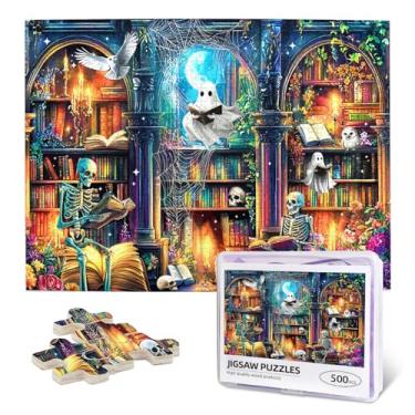 Imagem de Halloween Bookshelf Puzzles for Adults 500 Pieces, Horror Ghosts Library Jigsaw Puzzles Spooky Skulls Wooden Puzzle for Fun Family Game Motivational Toy Educational Intellectual