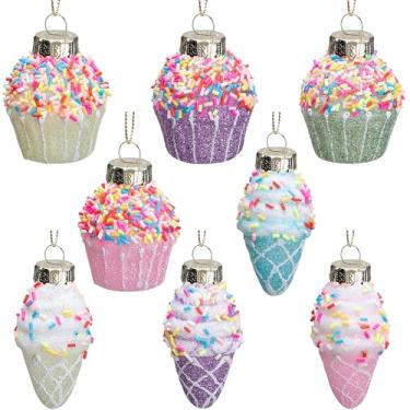 Imagem de 8 peças de enfeites de cupcake de sorvete de árvore de Natal, enfeite de bolo de cor macaron com glitter, enfeites de vidro de sorvete, cor pastel, decoração de pingente de sobremesa doce para