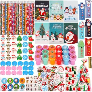 Imagem de Atonofun 242 peças de lembrancinhas de festa de Natal, conjunto de papelaria escolar de Natal, salas de aula, prêmios de recompensa para crianças, cadernos, adesivos, réguas, lápis, apontadores,