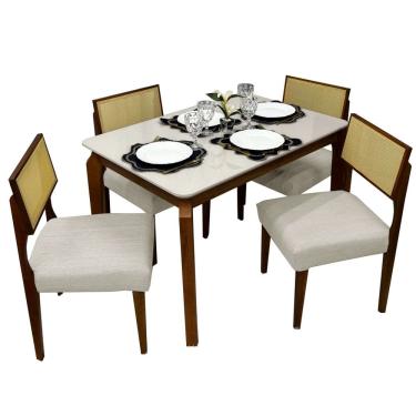 Imagem de Mesa de Jantar Alegra 120x80 COM Vidro 4 Cadeiras Grecia Cor Cinamomo Off White com Tecido Bege