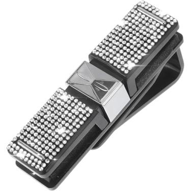 Imagem de Suporte de óculos de sol de strass de cristal brilhante para óculos de sol de carro, suporte de montagem de óculos de couro PU, clipes organizadores de óculos, decoração de cristal clipe de cartão de