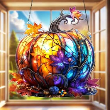 Imagem de Acrílico plano energético 2D outono abóbora Suncatcher - decoração de janela pendurada estilo vidro colorido com folhas e galhos coloridos de outono, perfeito para decoração de jardim e casa de
