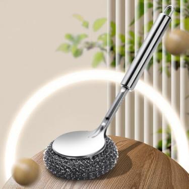 Imagem de 3 peças de substituição de escova de lã de aço inoxidável de cabo longo de aço inoxidável para limpar bagunças teimosas de ferro fundido, panelas, churrasqueiras, fogões e pia