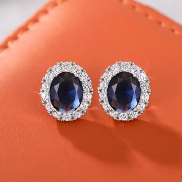 Imagem de Brincos de zircônia cúbica oval azul banhado a ouro branco vintage brilhante para mulheres, casamento, festas noturnas, uso diário, joia leve, presente para ela, 2inch, Cobre, Sem pedra preciosa