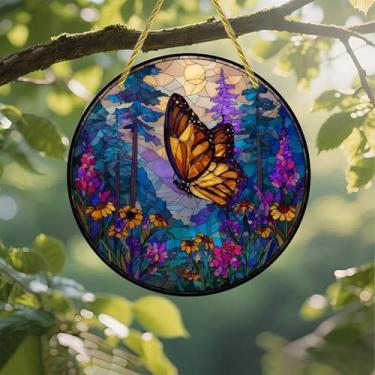 Imagem de Acrílico colorido Suncatcher, borboleta no jardim de flores silvestres da montanha, 18 cm, decoração de parede com design de vitral impresso, ideia de presente e ornamento de jardim, uso interno e