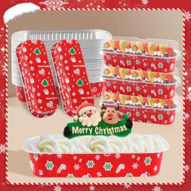 Imagem de ylnurac Pacote com 50 mini formas de bolo de Natal descartáveis, mini formas de pão com tampas e colheres, formas de folha de alumínio de 200 ml, recipientes individuais de copos de sobremesa para