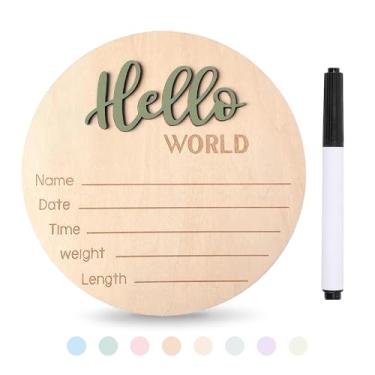 Imagem de Xyndrella Placa de anúncio de bebê com caneta, placa de madeira Hello World para recém-nascidos de 14 cm para hospital, quadro de aviso de nascimento 3D, placas de nome de bebê de boas-vindas para