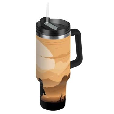 Imagem de Blueangle Copo cowboy americano de 1,134 g com alça e tampa de palha, caneca de viagem de aço inoxidável isolada a vácuo de parede dupla, garrafa de água reutilizável para academia de escritório ao ar