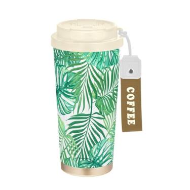 Imagem de SEHANY Caneca de viagem Green Leaves de 482 ml Copos de café reutilizáveis revestidos de cerâmica com tampa à prova de vazamento, parede dupla, isolamento a vácuo, copo de café de aço inoxidável para