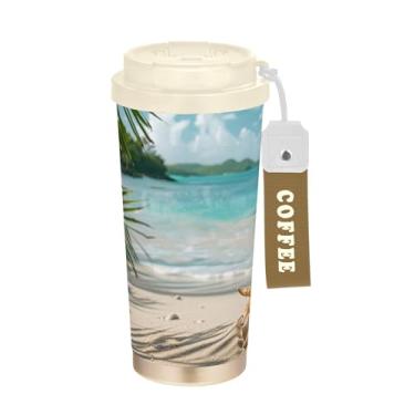 Imagem de SEHANY Caneca de viagem Summer Sea Beach Starfish 482 g Copos de café reutilizáveis revestidos de cerâmica com tampa à prova de vazamento, parede dupla, isolamento a vácuo, copo de café de aço