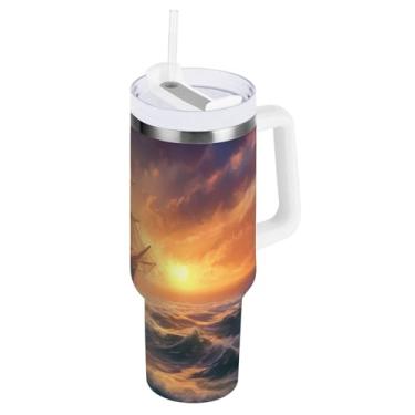 Imagem de Blueangle Copo isolado de 1,134 g com alça e tampa de canudo - Caneca de viagem de aço inoxidável à prova de vazamento, garrafa de água com pintura a óleo de barco a vácuo de parede dupla (482)