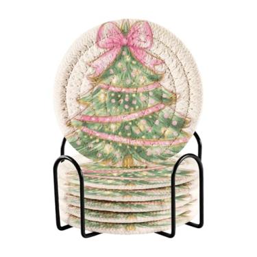 Imagem de Blueangle Porta-copos de 6 peças de árvore de Natal com laço rosa - tecido redondo super absorvente para proteção de mesa e decoração de casa (191)
