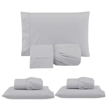 Imagem de Kit 3 Jogos de Lençol com Elástico e Fronhas Bordadas em Ponto Palito, Micropercal 300 Fios, 1 Casal Padrão e 2 Solteiros, 100% Poliéster (CPS Versat/Cinza)