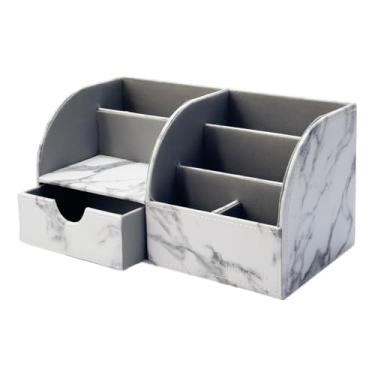 Imagem de UnionBasic Organizador de mesa – Caixa de armazenamento multifuncional de couro para caneta de mesa – Suporte para cartão de visita/caneta/lápis/celular/papelaria, mármore branco (couro completo)