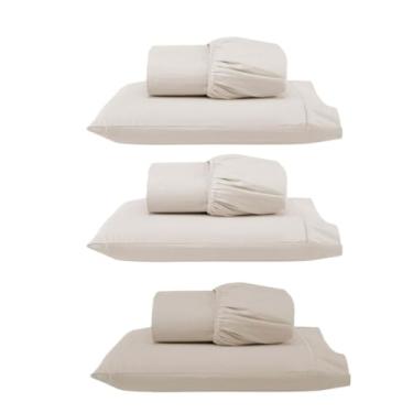 Imagem de Kit 3 Jogos de Lençol Solteiro com Elástico e Fronha Bordada em Ponto Palito, 6 Peças em Micropercal 300 Fios 100% Poliéster (Solteiro Versat(Palha/Palha/Cáqui))