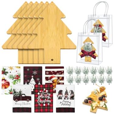 Imagem de Conjunto de 6 tábuas de corte de árvore de Natal de madeira com fita, 6 toalhas de chá, 12 raminhos de abeto e sacos para pizza, queijo, frutas, cozinha, inauguração de casa, estilo árvore de Natal