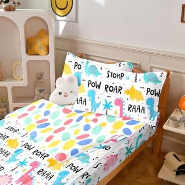 Imagem de Yadangxiawa Jogo de edredom infantil, solteiro com zíper, estampa de dinossauro, com manchas coloridas, lençol com elástico e fronhas para todas as estações (dinossauro-A)