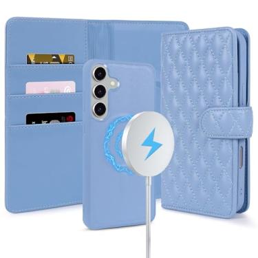 Imagem de Harryshell Capa magnética removível para Samsung Galaxy S25 Plus/S24 Plus, compatível com compartimento para cartão Magsafe com bloqueio de RFID, suporte, capa protetora de couro PU (azul celeste