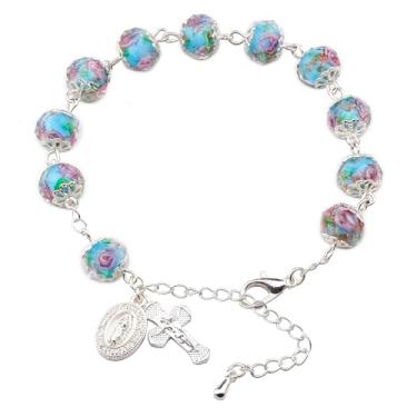 Imagem de HELLOWIN Pulseira feminina de rosário católico com pingente de crucifixo e medalha de guadalupe com caixa de presente, 8mm*10mm, Vidro Murano, Sem Pedra Preciosa