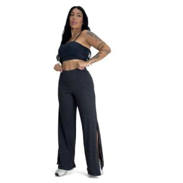 Imagem de Calça Feminina Wide Leg Pantalona Cintura Alta Tecido Canelado com Fen