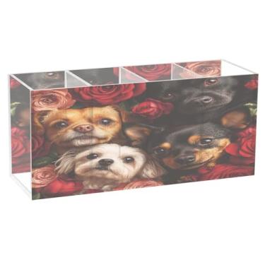Imagem de Burbuja Porta-canetas de acrílico Dogs Roses, 4 compartimentos, suporte de lápis transparente para pincéis de maquiagem, acessórios de mesa de escritório em casa