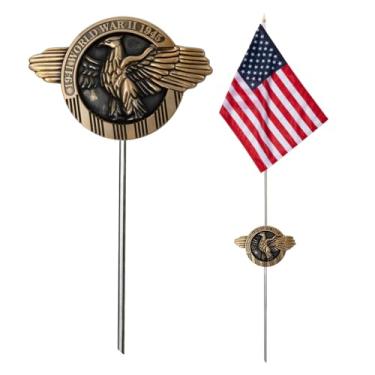 Imagem de JRED Marcador de túmulo da Segunda Guerra Mundial com conjunto de bandeira americana de 30 x 45 cm, placa de cemitério de alumínio, bandeiras dos EUA de 30 x 45 cm no bastão com aço inoxidável